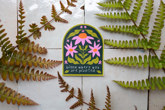 Picture of vinyl sticker that says bloom where you are planted with a dark green background and pink and orange florals.