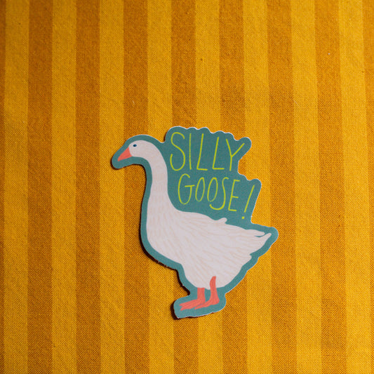 Sticker of a goose with 'Silly Goose' text on a striped background
