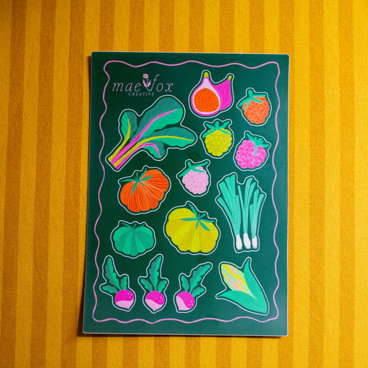 Sticker sheet with colorful vegetable illustrations on a yellow striped background