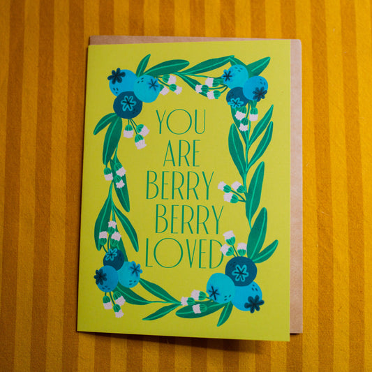 Greeting card with blueberry design and text 