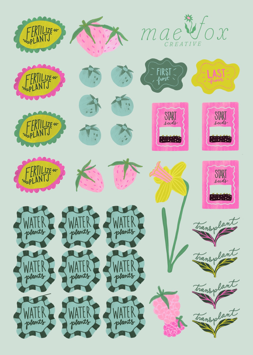 5x7 sticker sheet with stickers that say fertilize plants, water plants, start seeds, first and last frost all on a light blue background