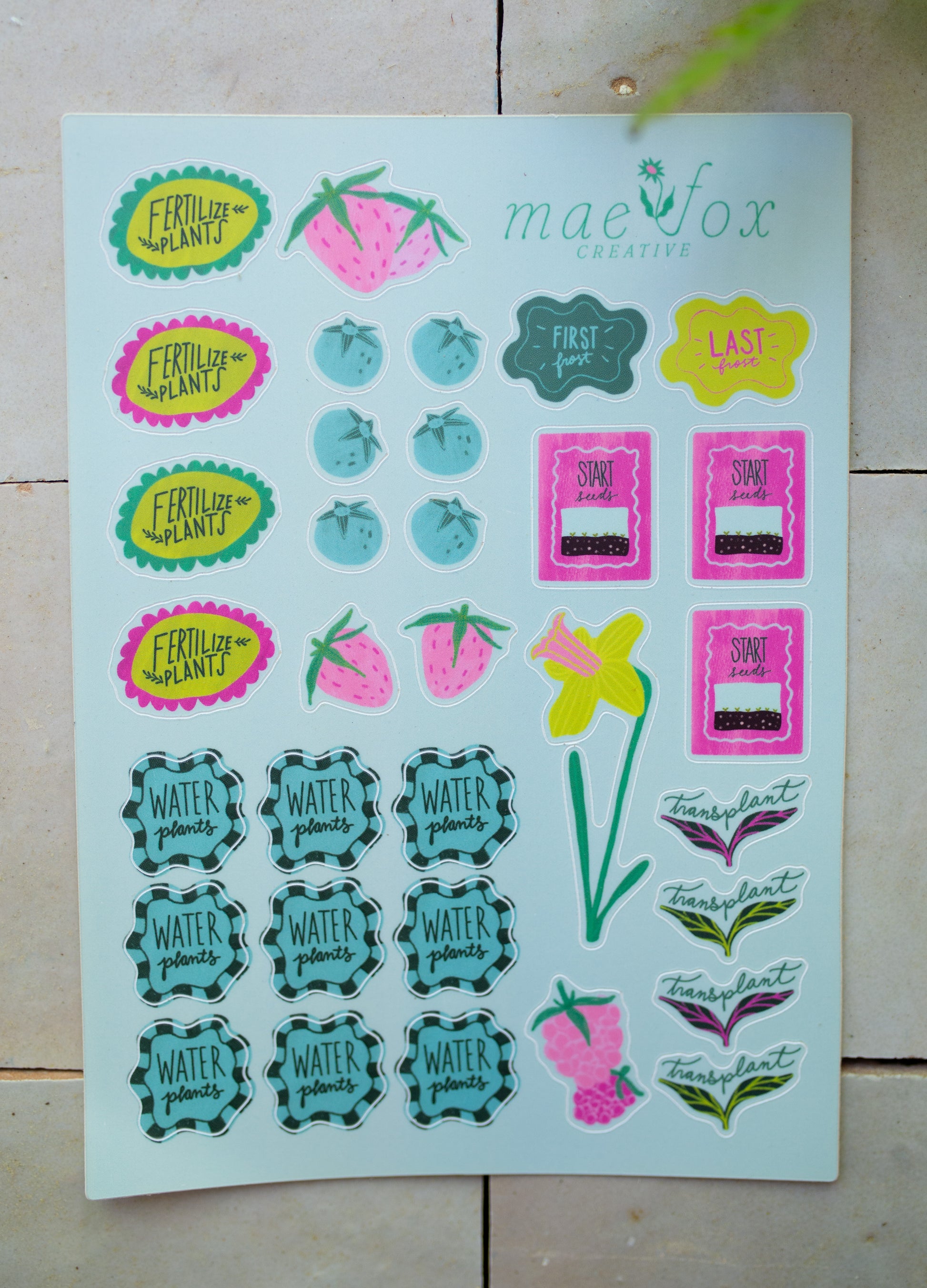5x7 sticker sheet with stickers that say fertilize plants, water plants, start seeds, first and last frost all on a light blue background