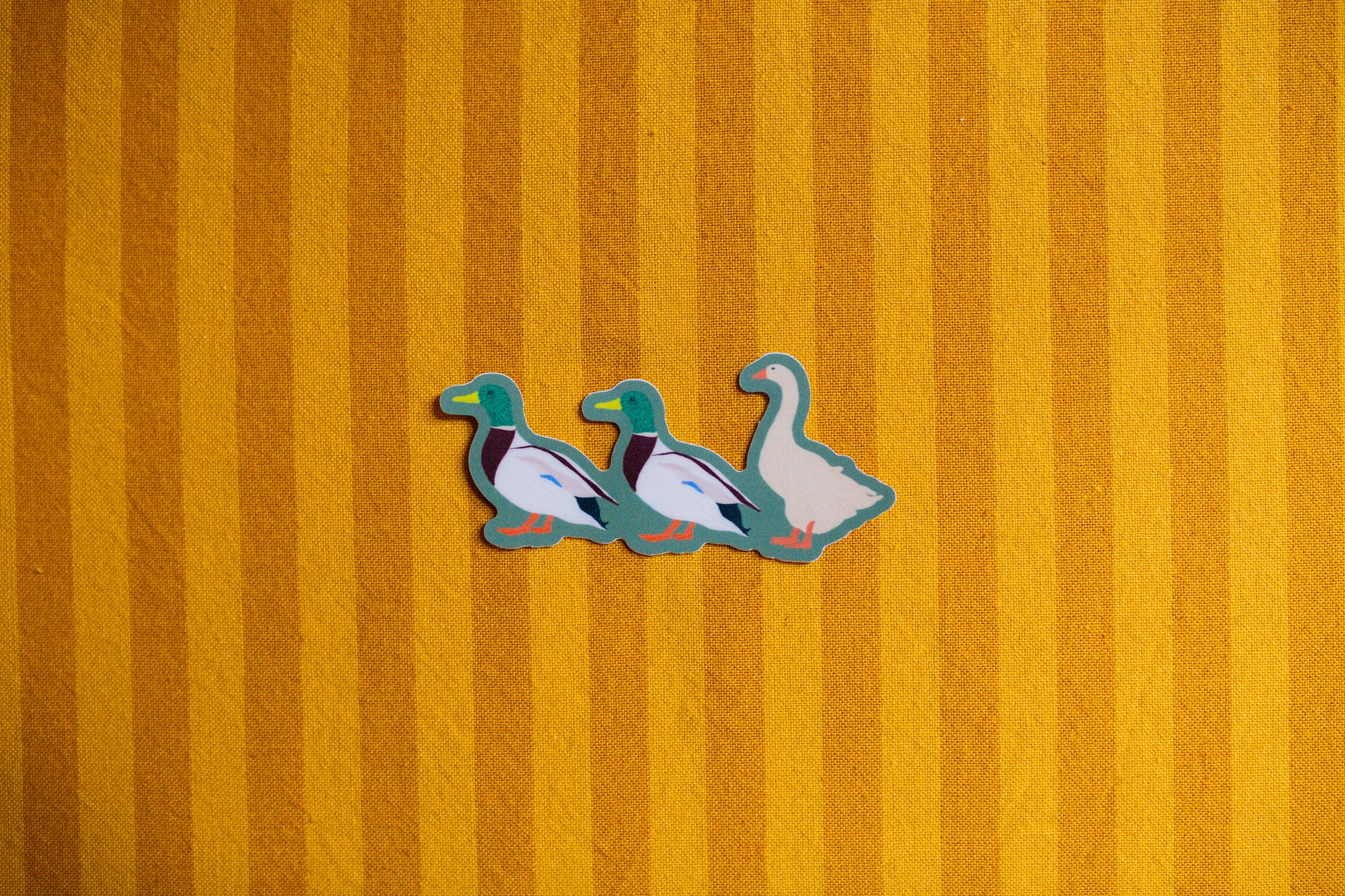Three cartoon duck sticker on a yellow striped background
