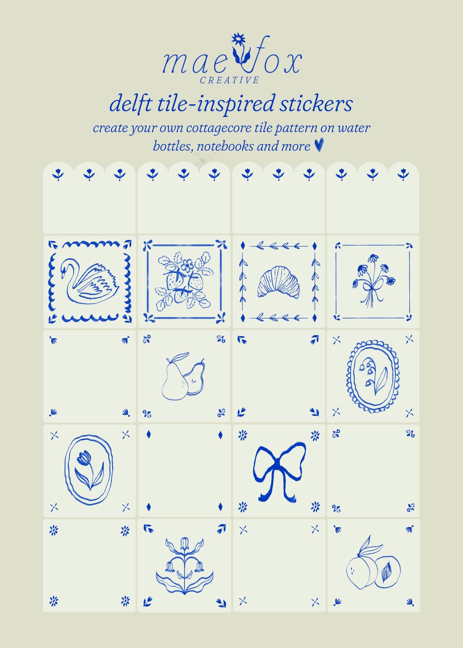 Delft tile-inspired stickers with blue designs on a white background, featuring the brand 'maefox'.