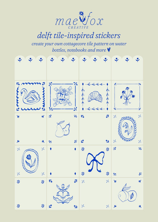 Delft tile-inspired stickers with blue designs on a white background, featuring the brand 'maefox'.