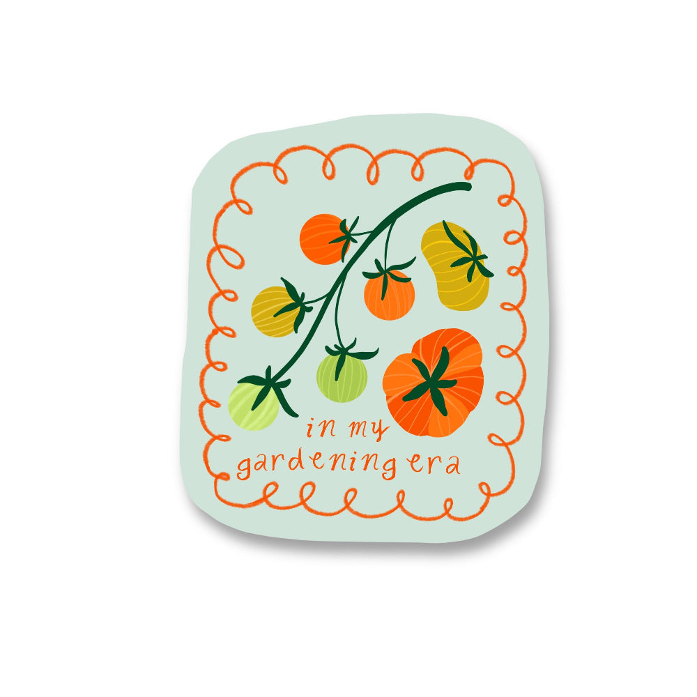 gardening themed sticker with illustrated tomatoes on a light blue background and playful lettering, a perfect gift for plant lovers and gardeners