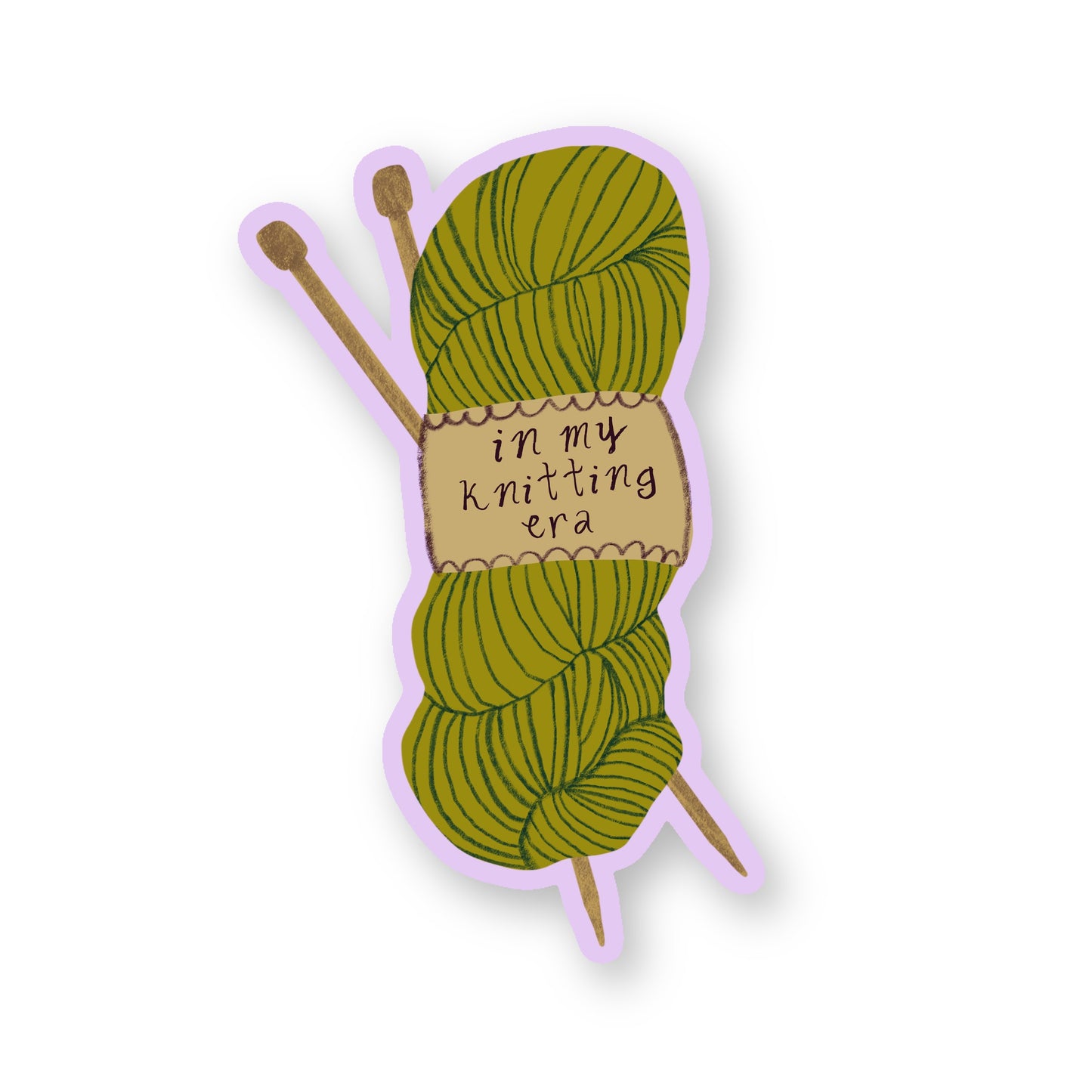 "In my knitting era" sticker with playful lettering, inspired by cozy knitting trends and cool girl hobby aesthetics