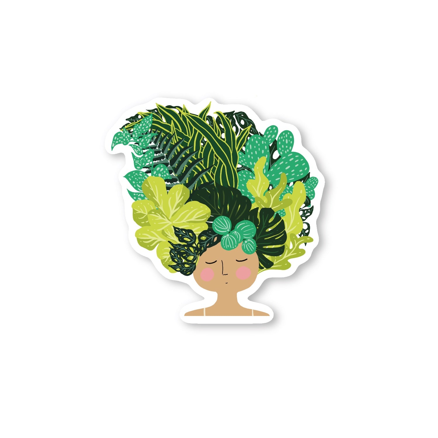 whimsical sticker of a woman lying down with hair made of lush houseplants, perfect gift for plant lovers.