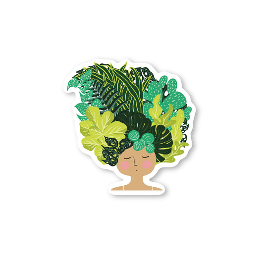 whimsical sticker of a woman lying down with hair made of lush houseplants, perfect gift for plant lovers.