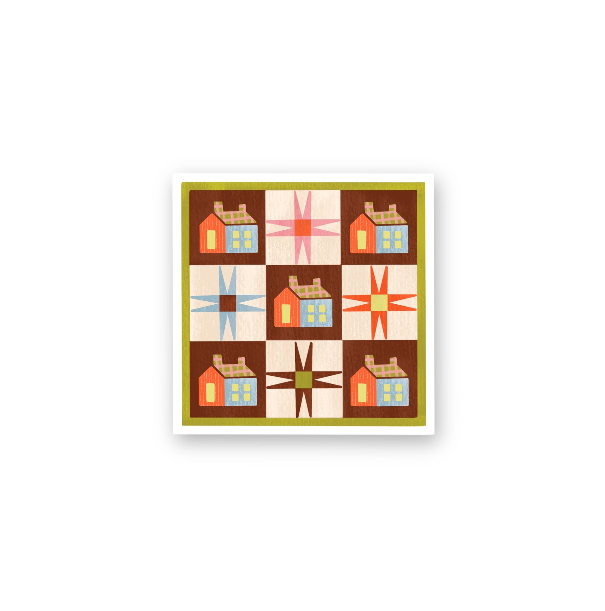 Framed quilt with geometric pattern of houses and stars on a white background