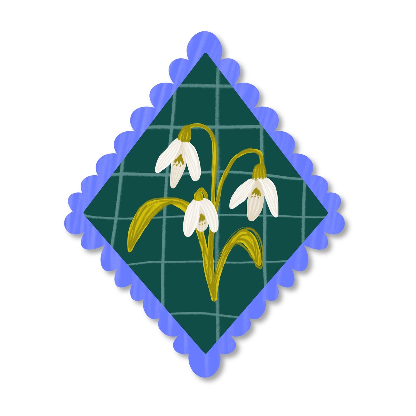 snowdrop flower with white petals and green stems, illustrated with a scalloped edge border on a teal background