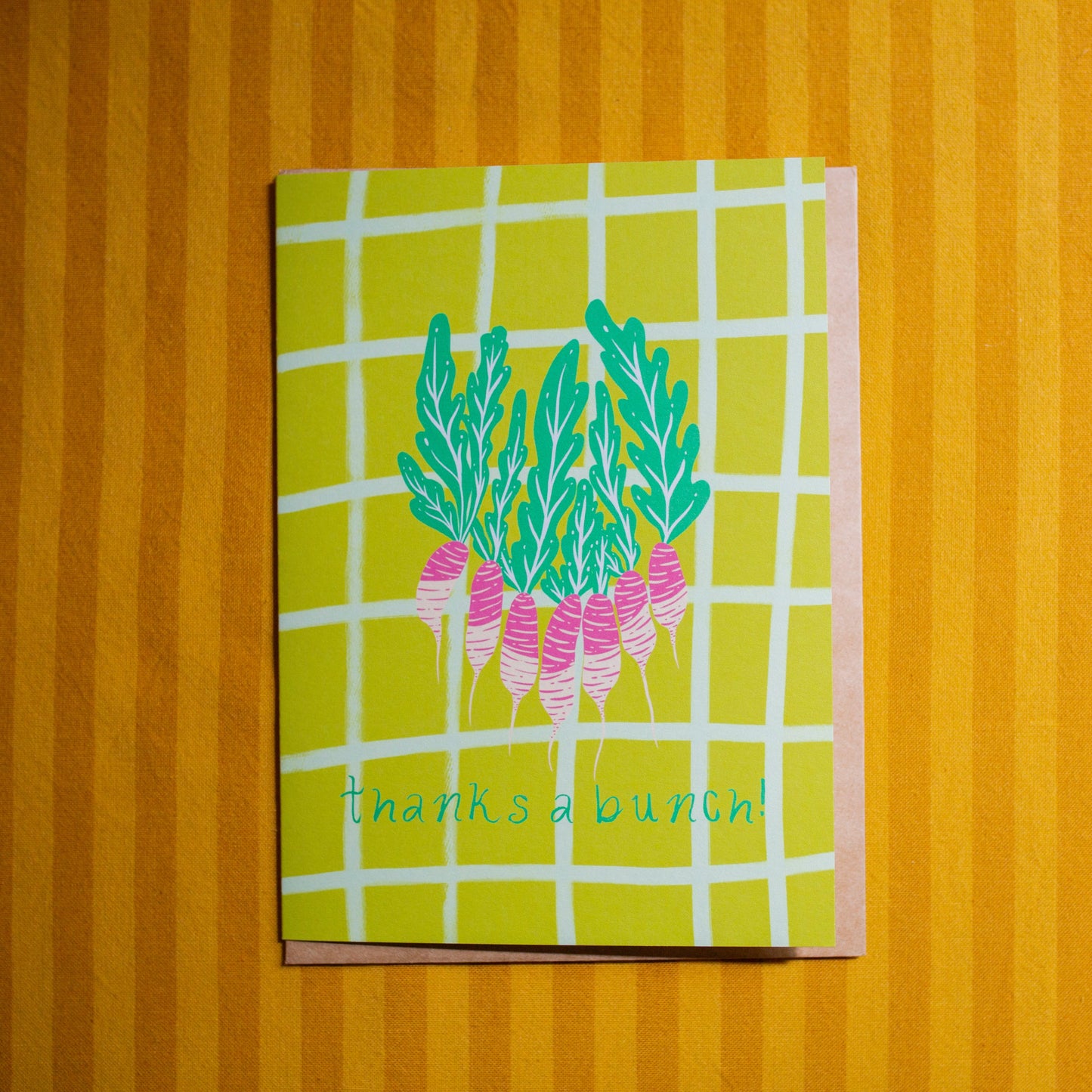 Thank you card that says thanks a bunch with a bunch of radishes