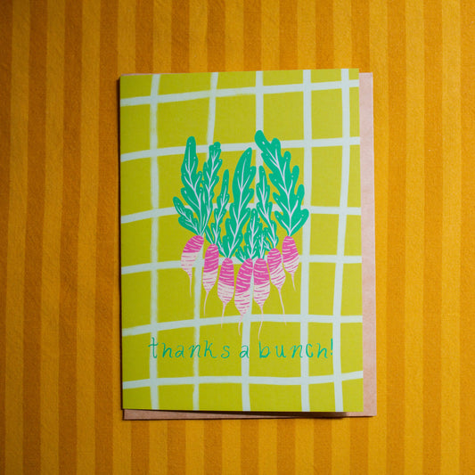 Thank you card that says thanks a bunch with a bunch of radishes