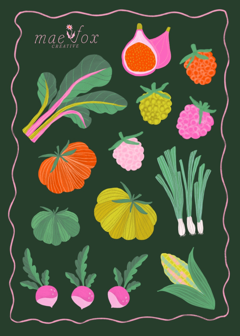 Illustrations of various fruits and vegetables on a dark green background with 'mae fox creative' branding.