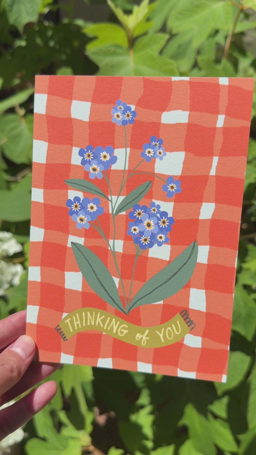 Video of a card that says Thinking of You with Forget Me Not Flowers on a Red Gingham Background